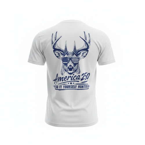 DIY Hunter 250th Cool Buck Lifestyle T-shirt displayed on ghost mannequin, showcasing a casual hunting-themed graphic tee.