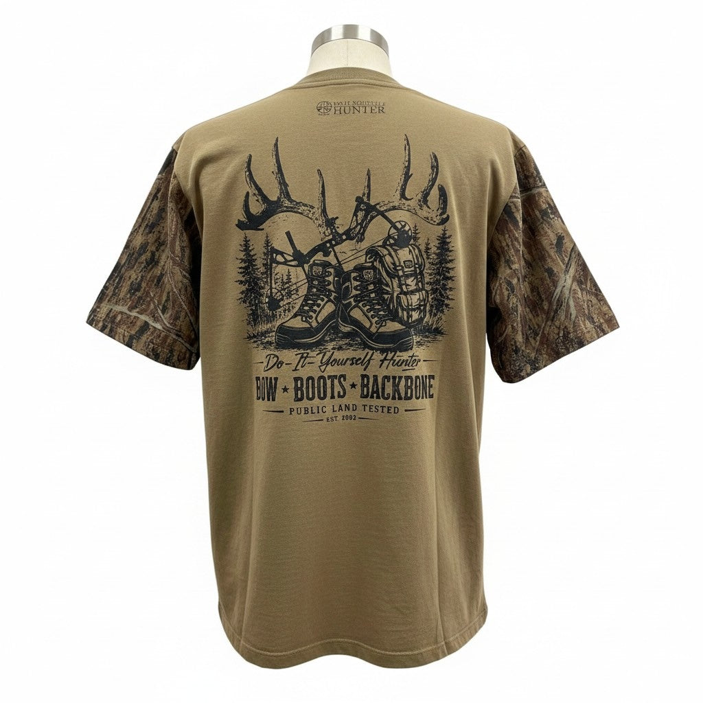 Sandstone Bow Boots Backbone DIY Hunter T-Shirt featuring a graphic design with bow and hunter lifestyle imagery.