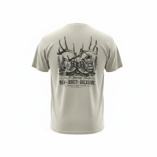 Sandstone DIY Hunter Lifestyle T-Shirt on ghost mannequin, showcasing casual fit and chest graphic design by DO IT YOURSELF HUNTER.