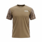 DIY Hunter camo performance T-shirt displayed on ghost mannequin, featuring camouflage pattern and sporty fit.