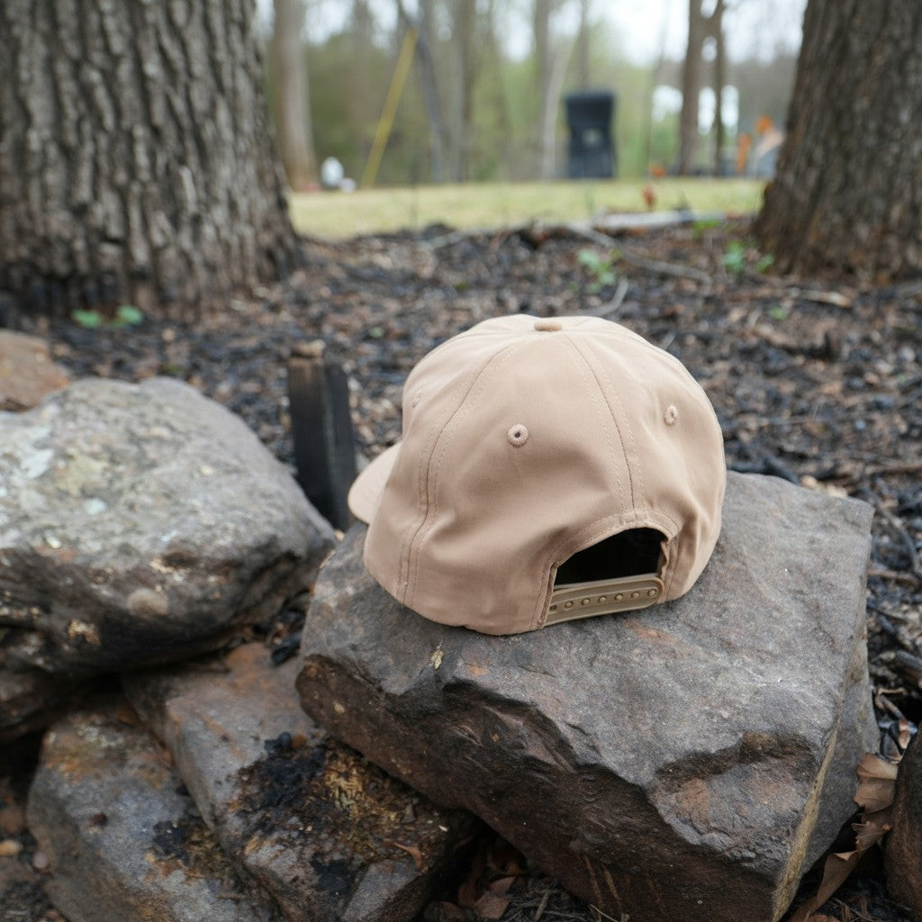 Tan dad's cap with white logo, DIY Hunter brand, featuring adjustable back strap and classic baseball style.