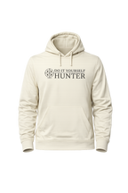 Beige lightweight hoodie from DO IT YOURSELF HUNTER with a casual fit, shown on a model with a hood and front pocket.
