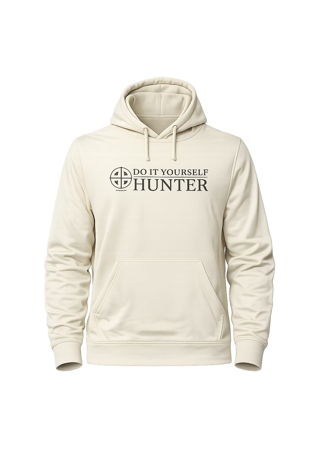 Beige lightweight hoodie from DO IT YOURSELF HUNTER with a casual fit, shown on a model with a hood and front pocket.