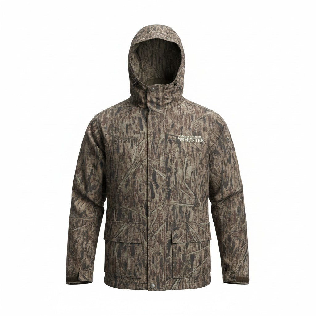 DIY Hunter camo rain jacket displayed on a ghost mannequin, showing waterproof fabric and camouflage pattern for outdoor wear.