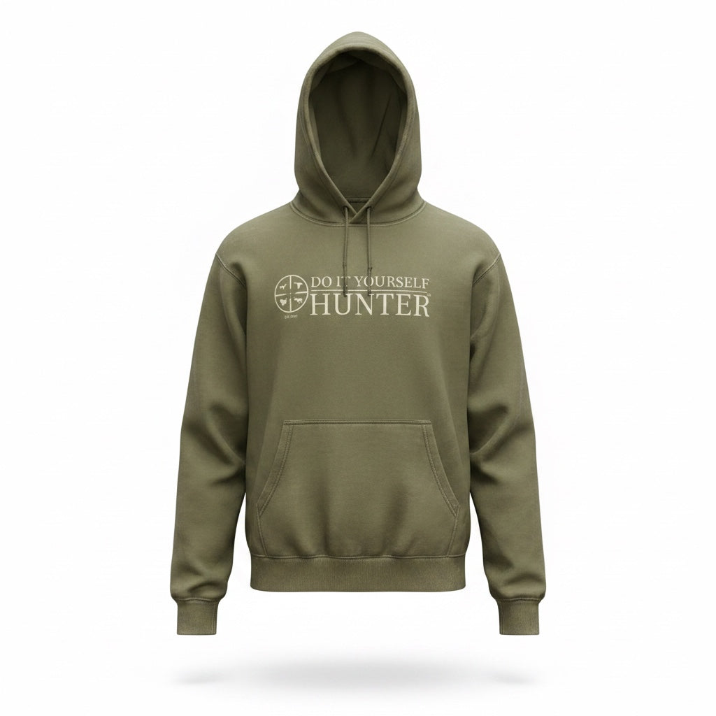 Youth DIYH Heavy Weight Hoodie in sage green by DO IT YOURSELF HUNTER, showing the front view with a relaxed fit and hood.