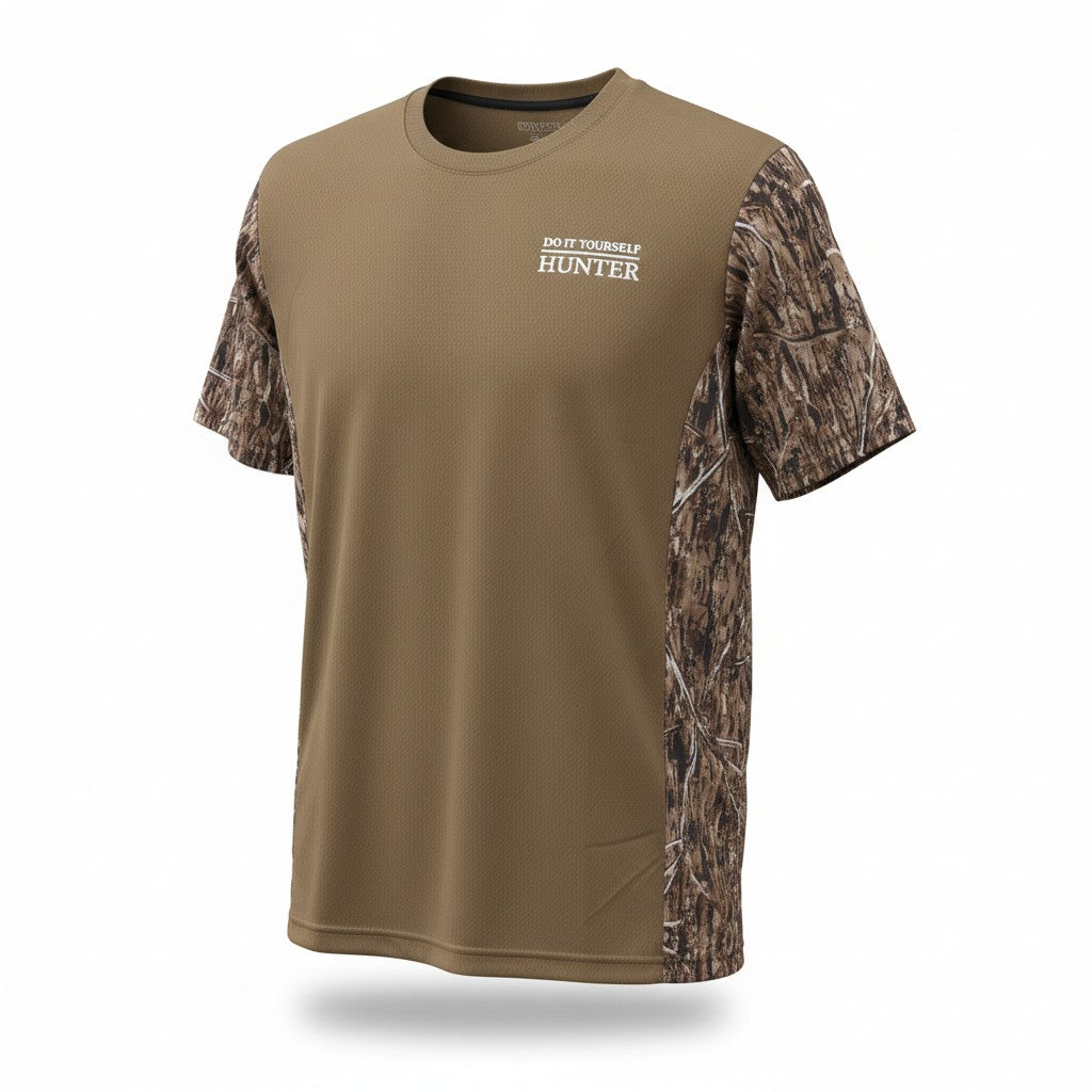 DIY Hunter camo performance T-shirt featuring a two-tone football mesh design on a ghost mannequin display.