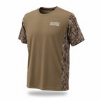 DIY Hunter camo performance T-shirt featuring a two-tone football mesh design on a ghost mannequin display.