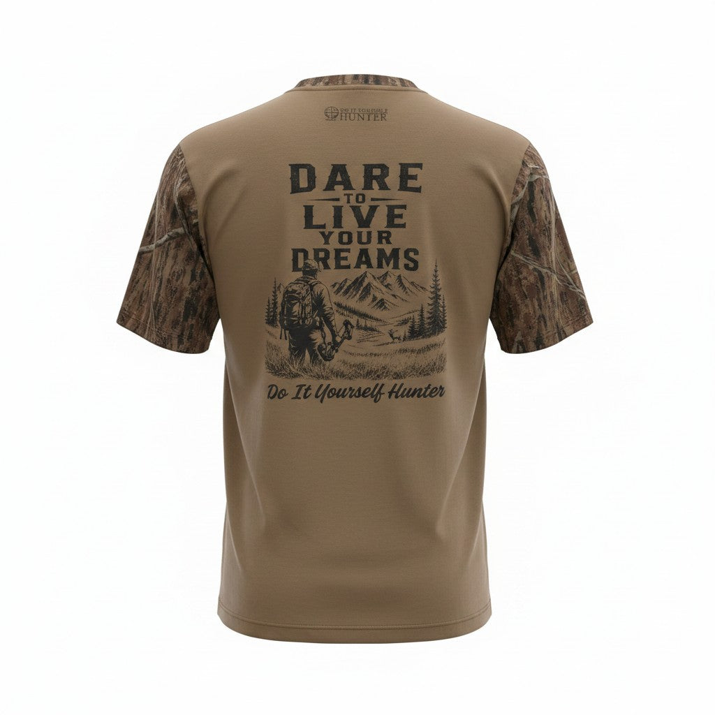 Dare to Live Your Dreams Tshirt, Olive Green with DIYH Camo Sleeves