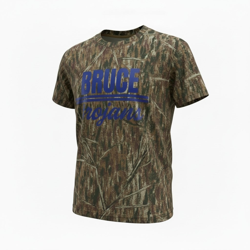 Camo 100% cotton T-shirt by DO IT YOURSELF HUNTER displayed on a ghost mannequin, showcasing the camo pattern and classic fit.