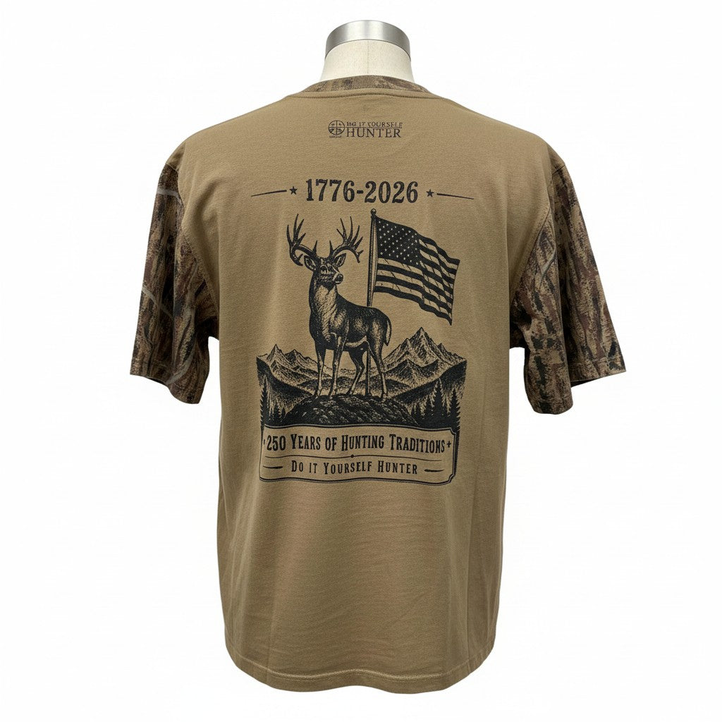 250th House Buck T-shirt by DO IT YOURSELF HUNTER featuring camouflage sleeves and a back graphic in hunter lifestyle style