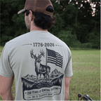 White T-shirt featuring a detailed graphic of a buck's head for the 250th House Buck collection by DO IT YOURSELF HUNTER.