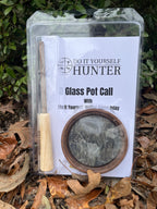 Close-up of a DIYH Camo Glass Pot Call for hunting, featuring camouflage design and glass surface for calling game.