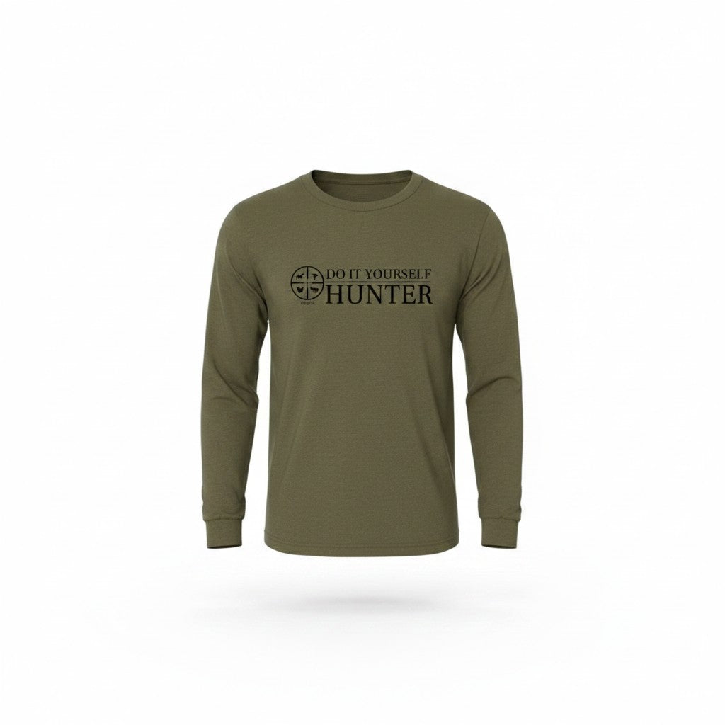 Olive green DIYH Next Level T-shirt by DO IT YOURSELF HUNTER, casual crewneck with logo print, laid flat on a white surface.