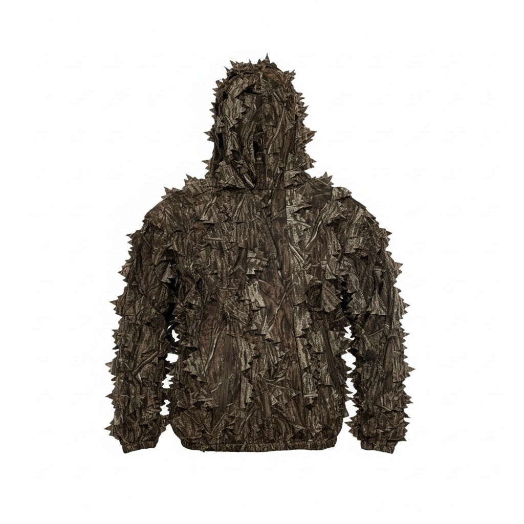 DO IT YOURSELF HUNTER leafy 1/4 zip camouflage pullover displayed on a ghost mannequin, showcasing the detailed camo pattern.