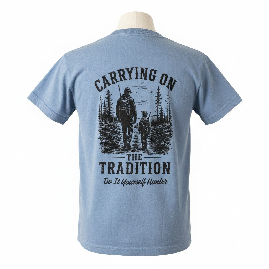 Youth blue Carrying On the Tradition T-Shirt by DO IT YOURSELF HUNTER, featuring a casual fit and graphic design.
