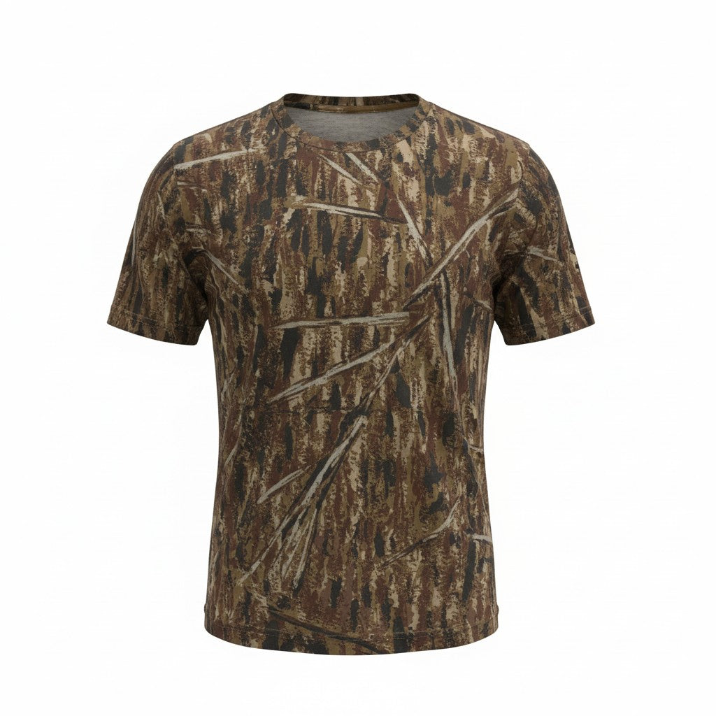 Youth DIY Hunter camouflage cotton T-shirt displayed on ghost mannequin, featuring a casual fit and hunter-themed camo pattern.
