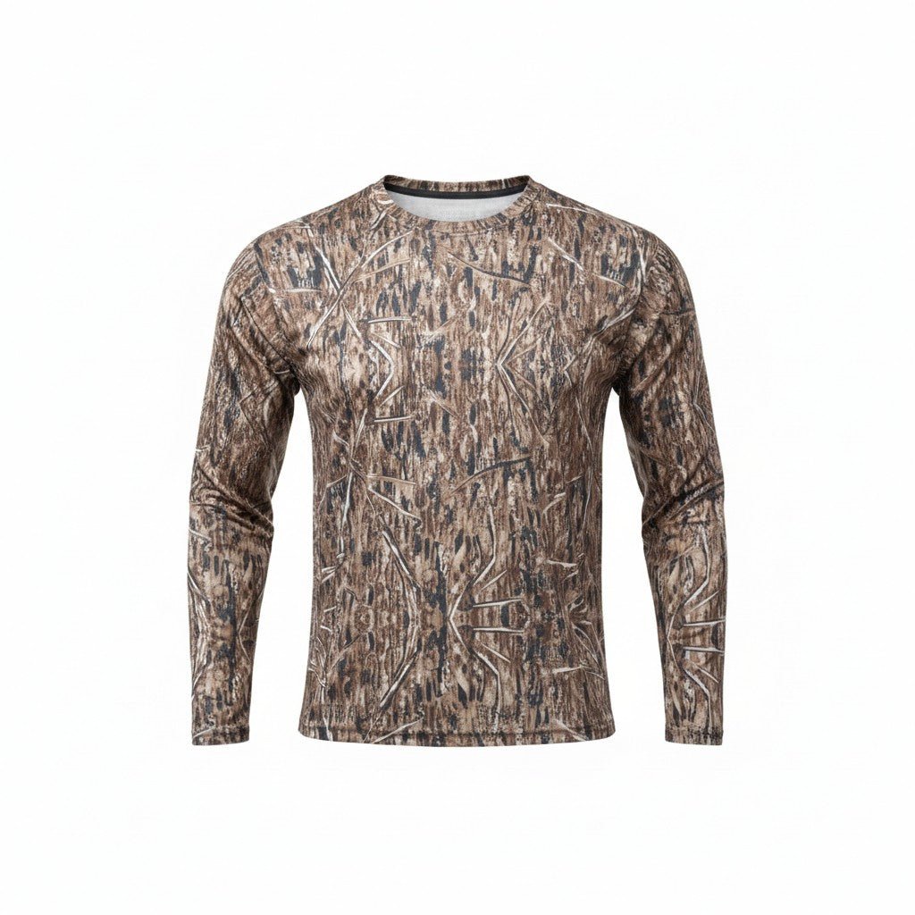 DIY Hunter camo long sleeve shirt made of 50% cotton and 50% polyester, featuring a camouflage pattern and a football mesh design.