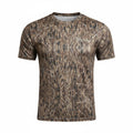 DIY Hunter camo short sleeve shirt with football mesh fabric, made of 50% cotton and 50% polyester, displaying a camouflage pattern.